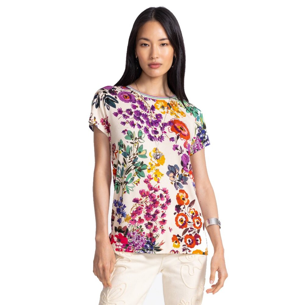 Johnny Was Janie Favorite Evalon Dolman Sleeve Tee Shirt Floral Top Cream S NEW